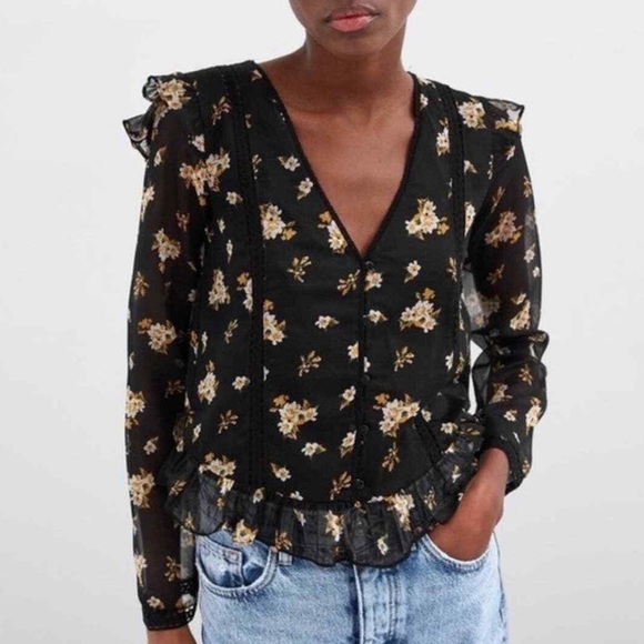 Zara Tops - Zara floral button up ruffle hem sheer top s